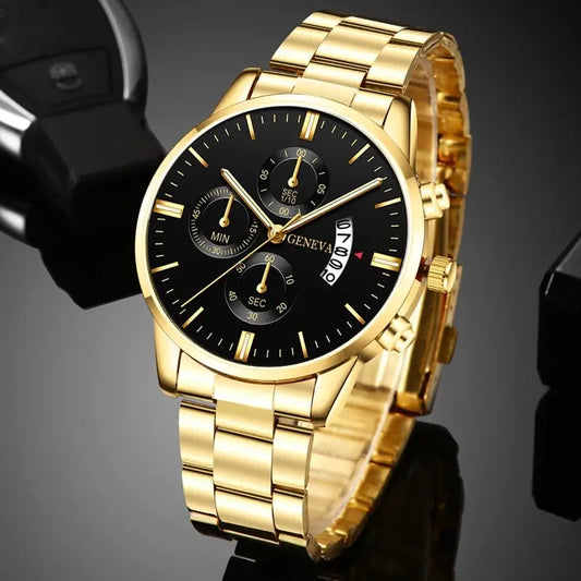 2023 Fashion Men Gold Stainless Steel Watch Luxury Calendar Quartz Wrist Watch