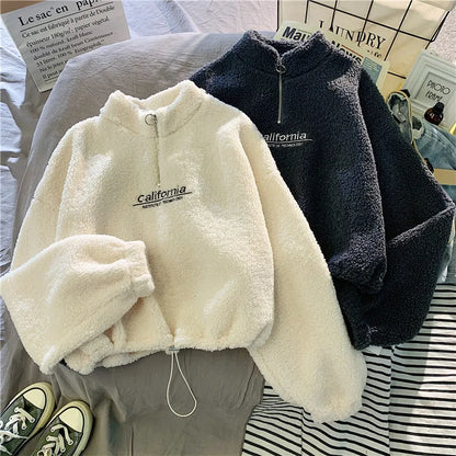 Women Stand Neck Fleece Cropped Hoodies Autumn Letter Embroidery Long Sleeve