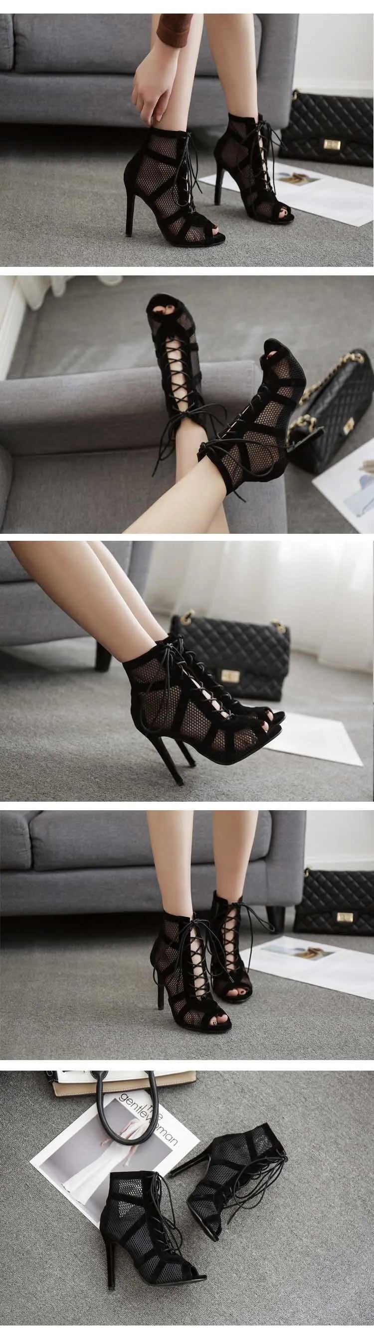 Sexy High Heels Hollow Mesh Sandals Women Summer Cross-tied Peep Toe Heeled