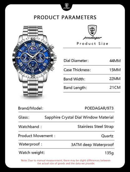 POEDAGAR Luxury Watch for Man Quartz Sports Men Watch Waterproof Luminous