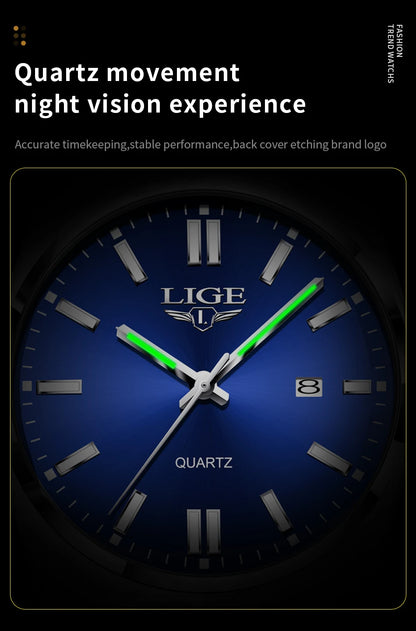 LIGE Business Men Watches Luxury New Top Waterproof Stainless Steel Quartz Wrist