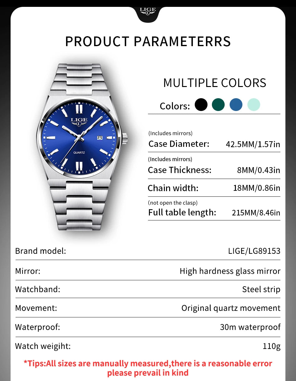 LIGE Business Men Watches Luxury New Top Waterproof Stainless Steel Quartz Wrist