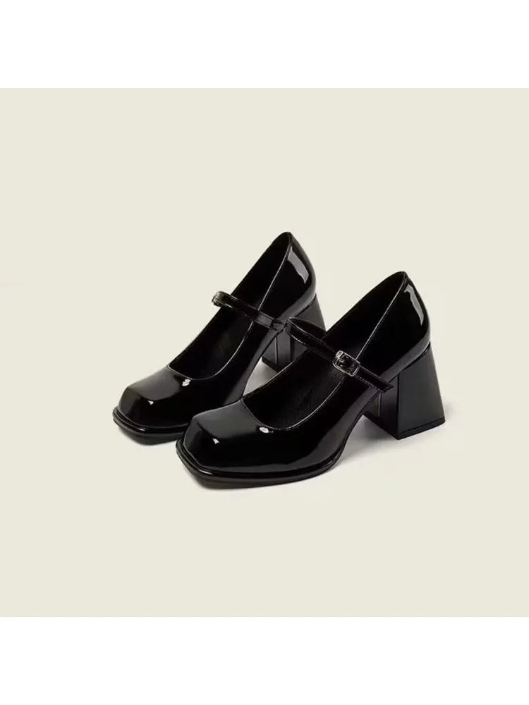 Mary Janes Vintage Black Sandals Woman Buckle Non-Slip Casual Medium Heels