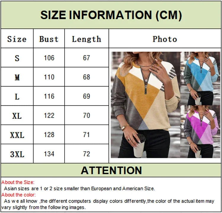 Women Zipper Color Patchwork Shirts Block Loose V Neck Long Sleeved Blouses