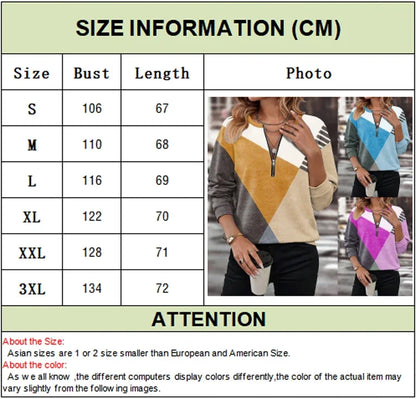 Women Zipper Color Patchwork Shirts Block Loose V Neck Long Sleeved Blouses