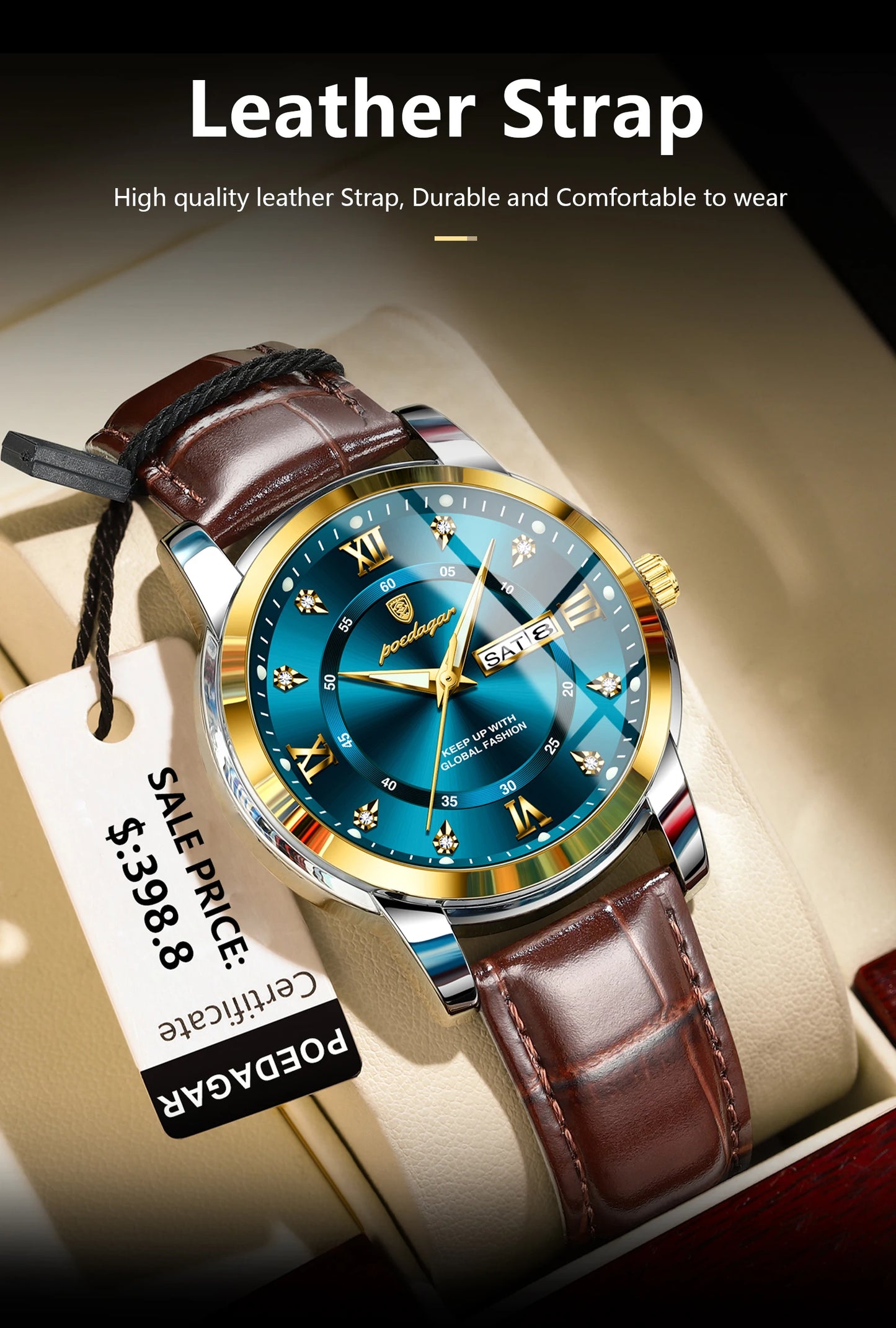 POEDAGAR Luxury Man Wristwatch Waterproof Luminous Date Week Leather Watch