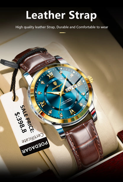 POEDAGAR Luxury Man Wristwatch Waterproof Luminous Date Week Leather Watch