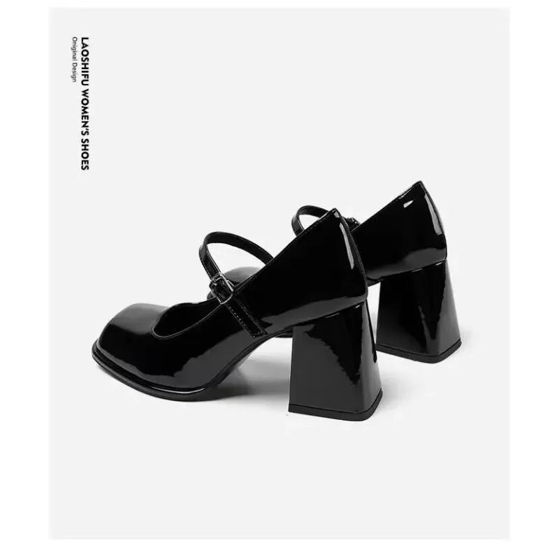 Mary Janes Vintage Black Sandals Woman Buckle Non-Slip Casual Medium Heels