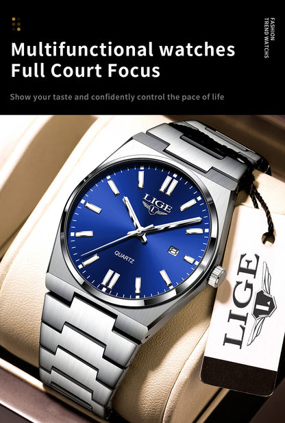 LIGE Business Men Watches Luxury New Top Waterproof Stainless Steel Quartz Wrist