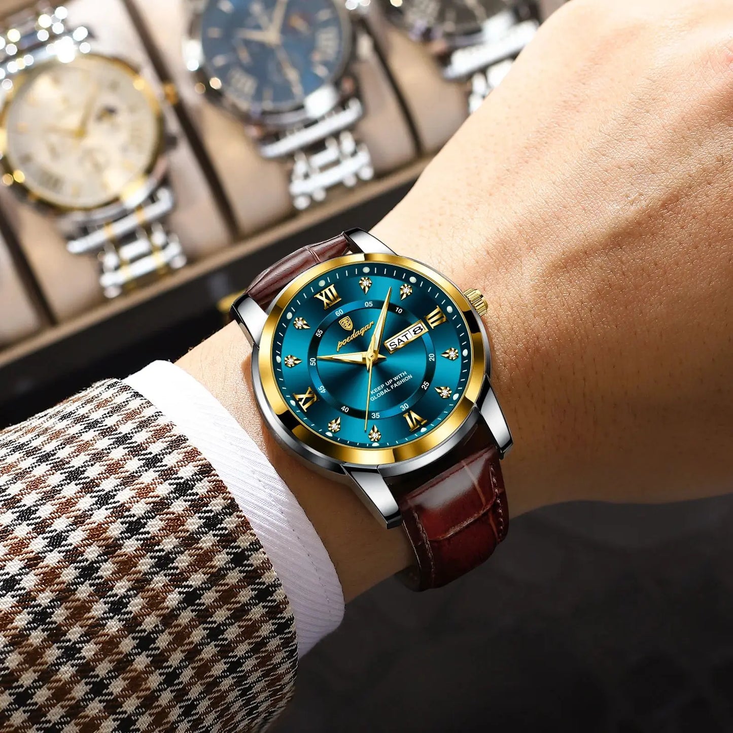 POEDAGAR Luxury Man Wristwatch Waterproof Luminous Date Week Leather Watch