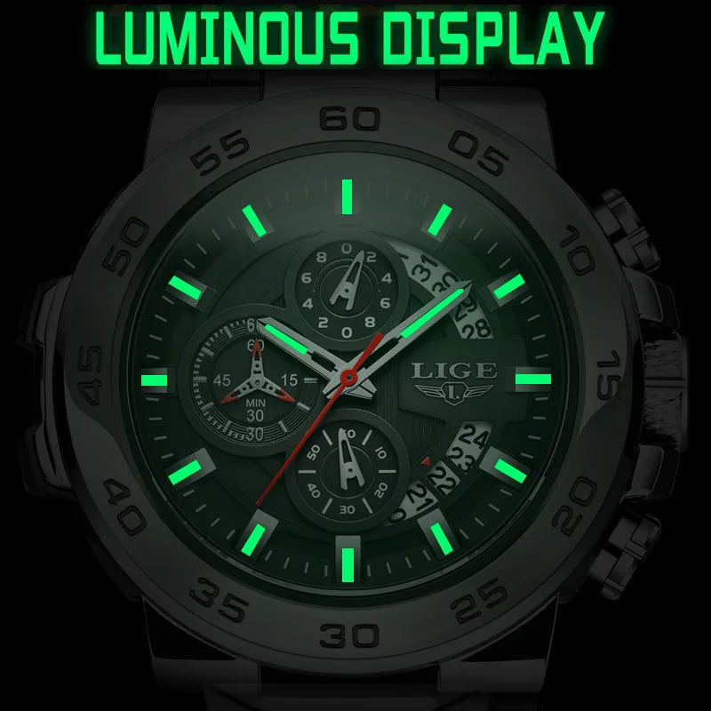 LIGE Sports Man Wristwatch Waterproof Luminous Date Quartz Men Watch Big Dial