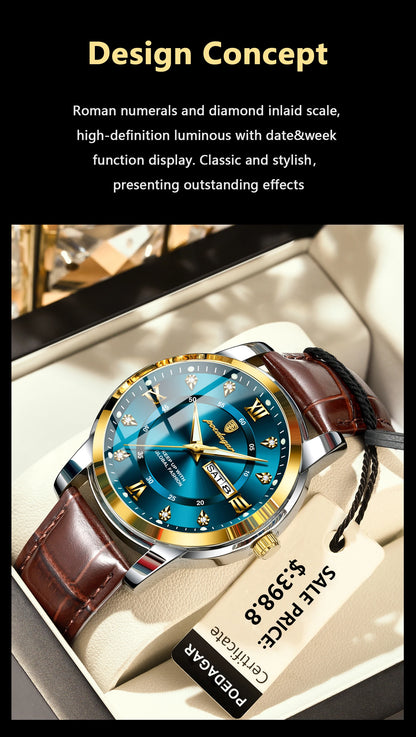 POEDAGAR Luxury Man Wristwatch Waterproof Luminous Date Week Leather Watch