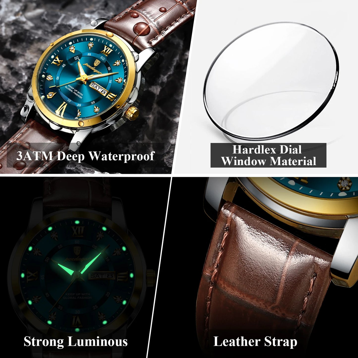 POEDAGAR Luxury Man Wristwatch Waterproof Luminous Date Week Leather Watch