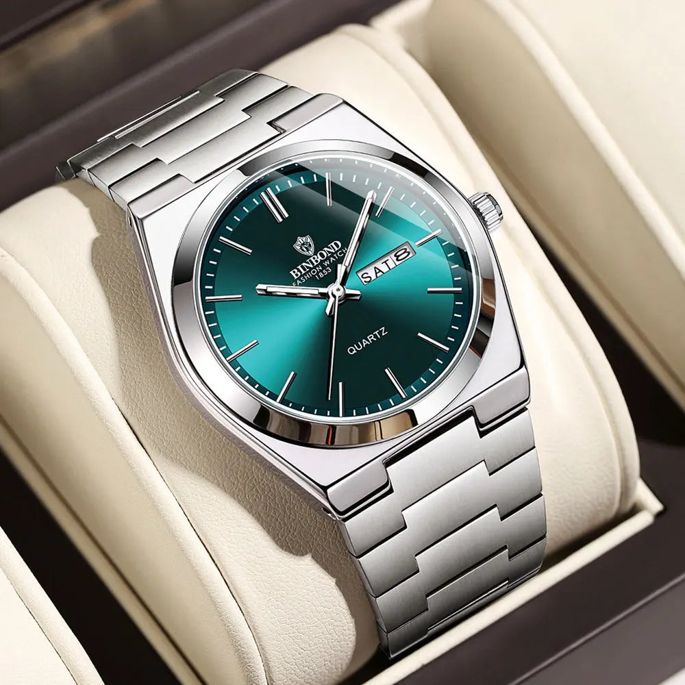UTHAI Men Watch Light Luxury Brand Stainless Steel Double Calendar Waterproof Male