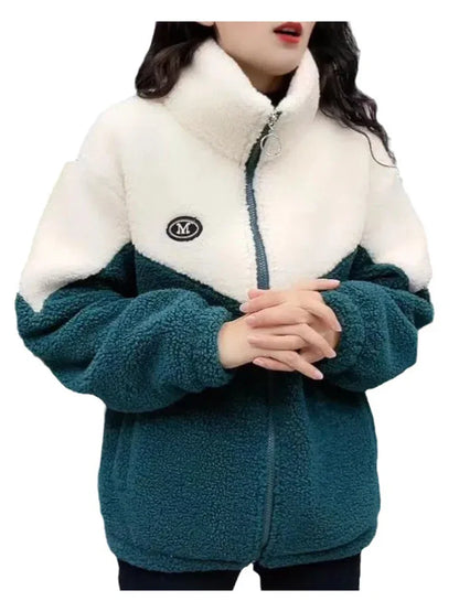 Women Jacket Colored Thickened Lamb Fleece Long Sleeve Mid Length Overcoat Warm