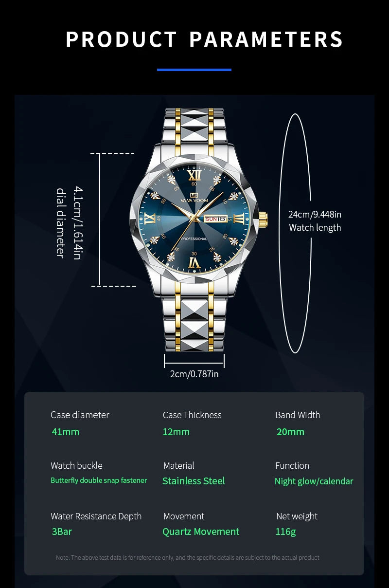 Men Watch Water Diamond Luxury Night Glow Double Calendar Quartz Movement 41mm