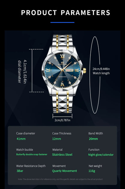 Men Watch Water Diamond Luxury Night Glow Double Calendar Quartz Movement 41mm