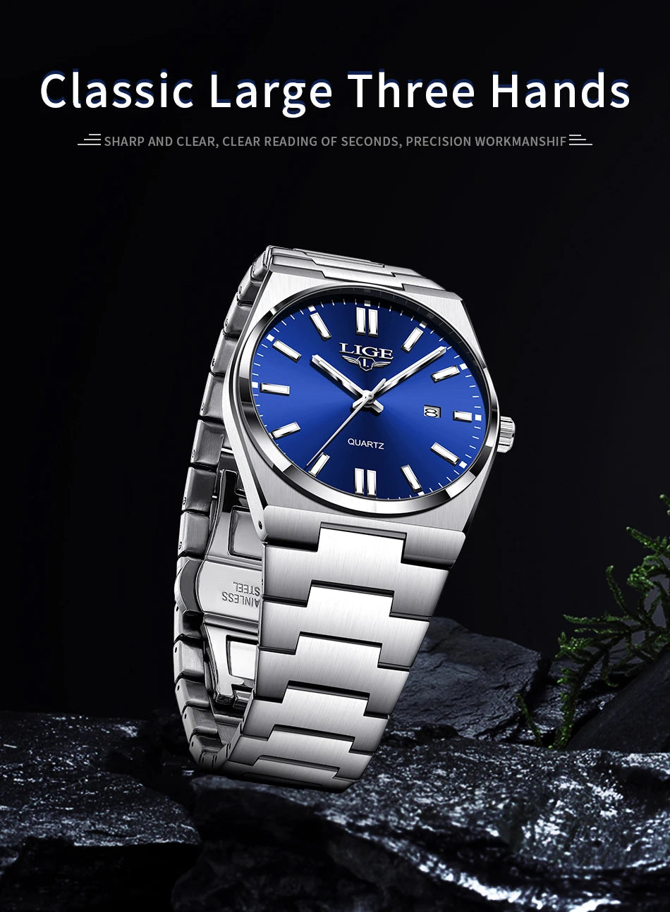 LIGE Business Men Watches Luxury New Top Waterproof Stainless Steel Quartz Wrist