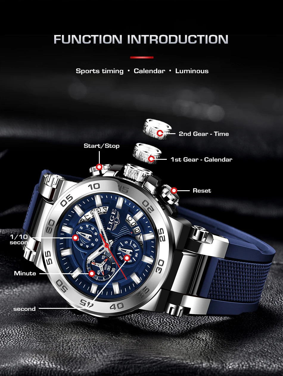 LIGE Sports Man Wristwatch Waterproof Luminous Date Quartz Men Watch Big Dial
