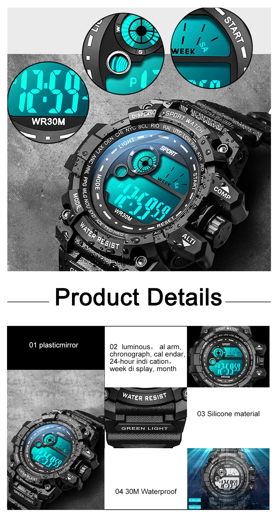 New Men LED Digital Watches Luminous Fashion Sport Waterproof Watches For Man