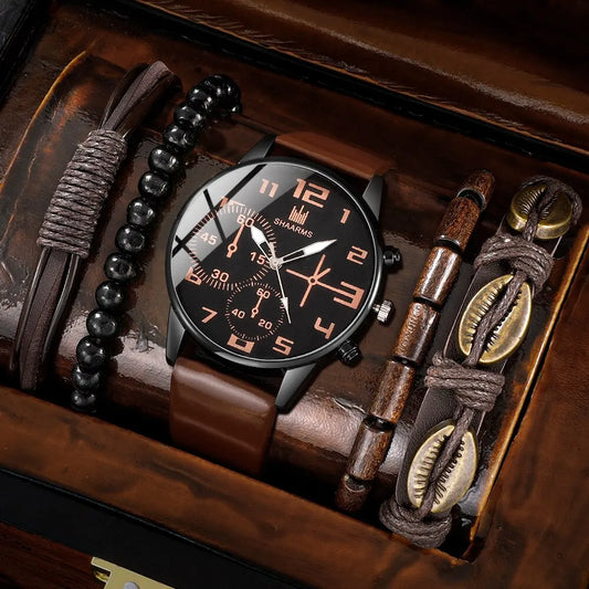 5PCS Set Fashion Mens Sports Bracelet Watches For Men Retro Big Dial Quartz
