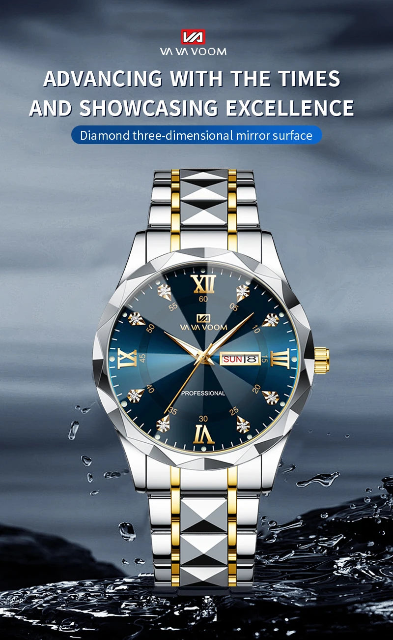 Men Watch Water Diamond Luxury Night Glow Double Calendar Quartz Movement 41mm