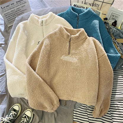 Women Stand Neck Fleece Cropped Hoodies Autumn Letter Embroidery Long Sleeve