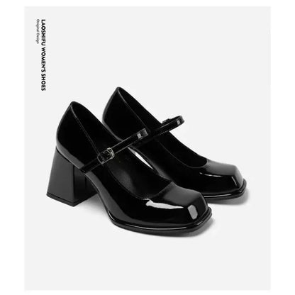 Mary Janes Vintage Black Sandals Woman Buckle Non-Slip Casual Medium Heels
