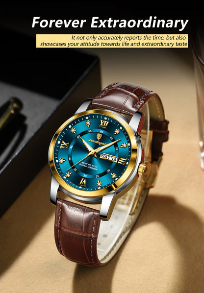 POEDAGAR Luxury Man Wristwatch Waterproof Luminous Date Week Leather Watch