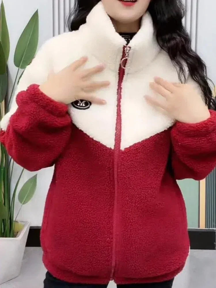 Women Jacket Colored Thickened Lamb Fleece Long Sleeve Mid Length Overcoat Warm