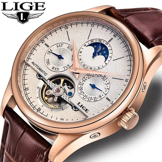 LIGE Men Watches Automatic Mechanical Watch Tourbillon Clock Genuine Leather