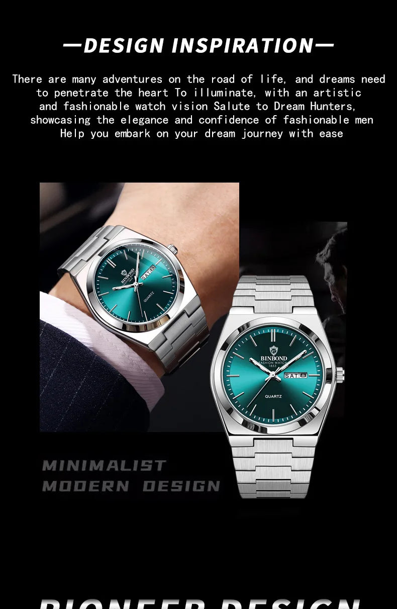 UTHAI Men Watch Light Luxury Brand Stainless Steel Double Calendar Waterproof Male