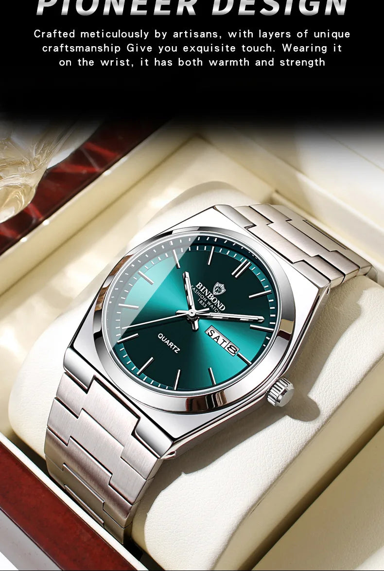 UTHAI Men Watch Light Luxury Brand Stainless Steel Double Calendar Waterproof Male