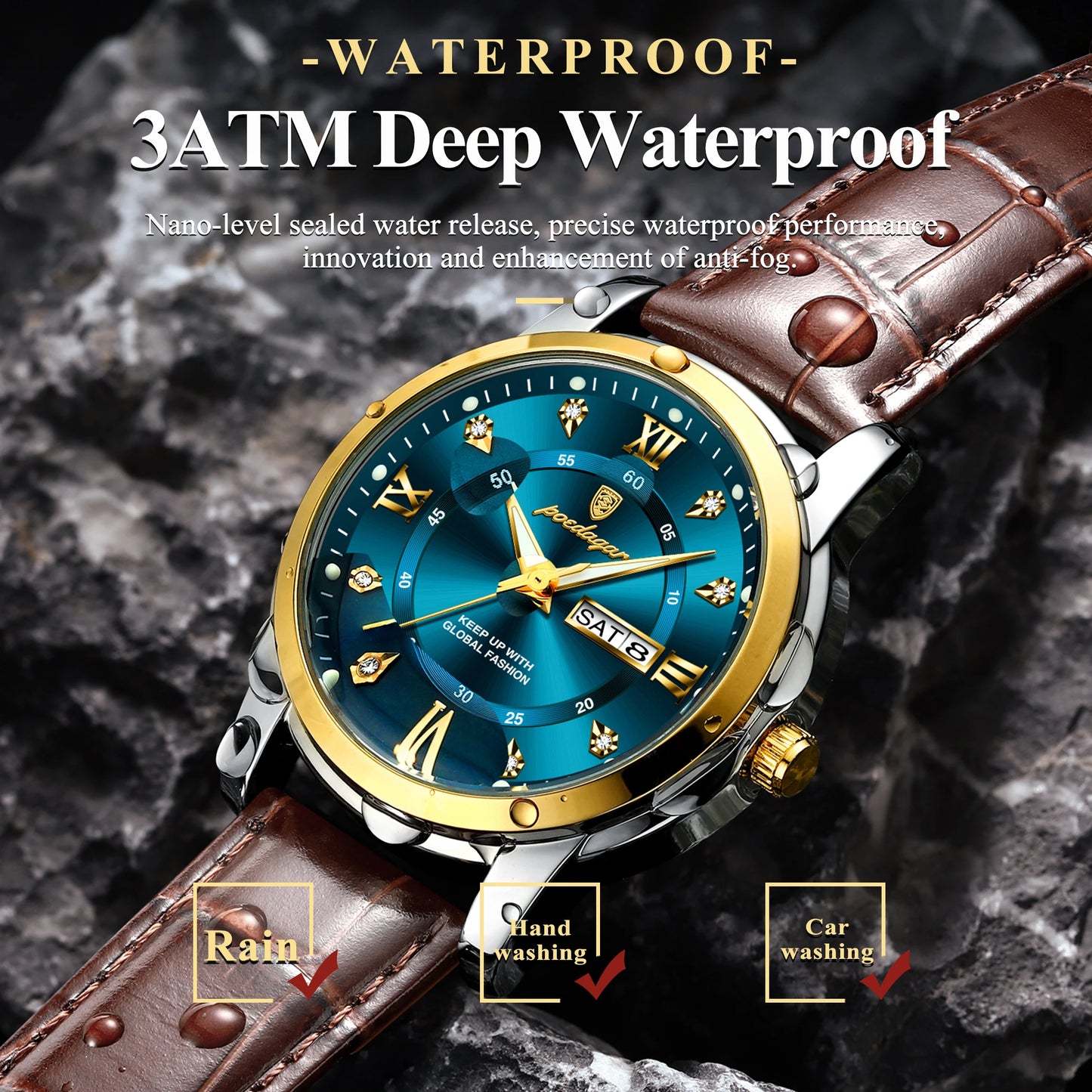 POEDAGAR Luxury Man Wristwatch Waterproof Luminous Date Week Leather Watch