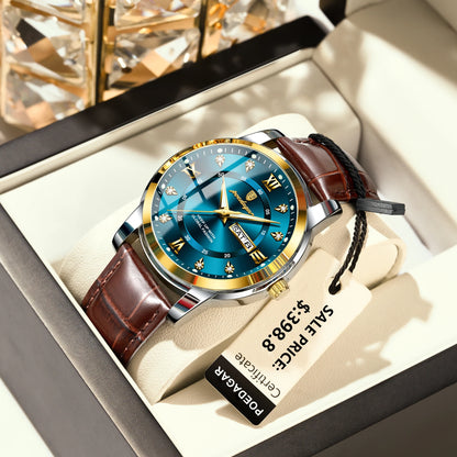 POEDAGAR Luxury Man Wristwatch Waterproof Luminous Date Week Leather Watch
