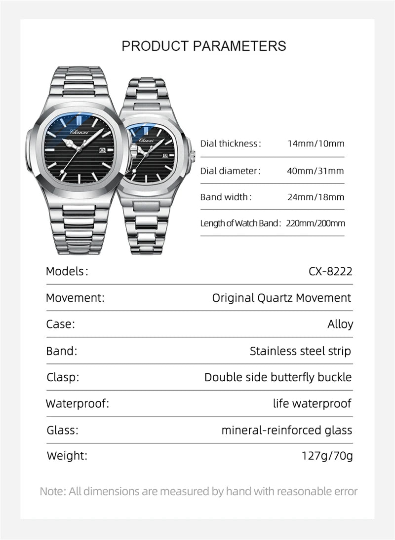 CHENXI 8222 Men's Quartz Watch Luxury Stainless Steel Wristwatch Waterproof