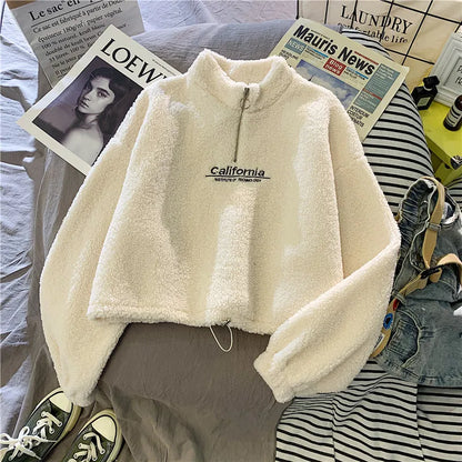 Women Stand Neck Fleece Cropped Hoodies Autumn Letter Embroidery Long Sleeve