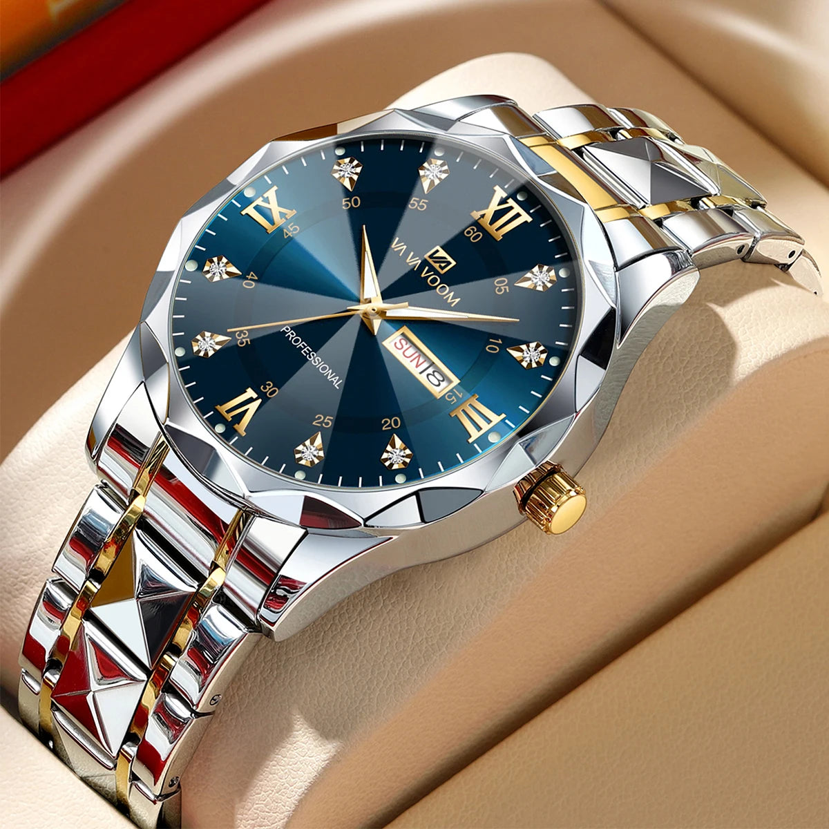 Men Watch Water Diamond Luxury Night Glow Double Calendar Quartz Movement 41mm