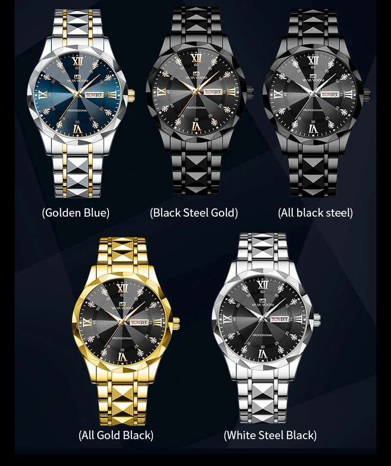 Men Watch Water Diamond Luxury Night Glow Double Calendar Quartz Movement 41mm