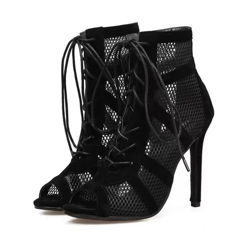 Sexy High Heels Hollow Mesh Sandals Women Summer Cross-tied Peep Toe Heeled