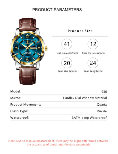 POEDAGAR Luxury Man Wristwatch Waterproof Luminous Date Week Leather Watch
