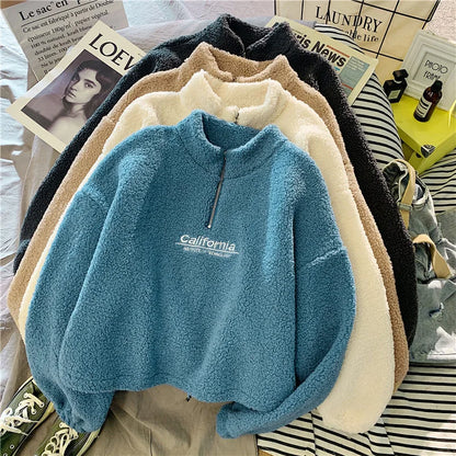 Women Stand Neck Fleece Cropped Hoodies Autumn Letter Embroidery Long Sleeve