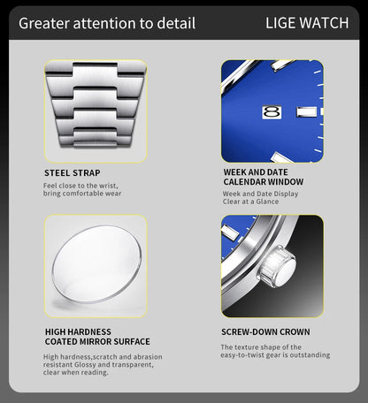 LIGE Business Men Watches Luxury New Top Waterproof Stainless Steel Quartz Wrist