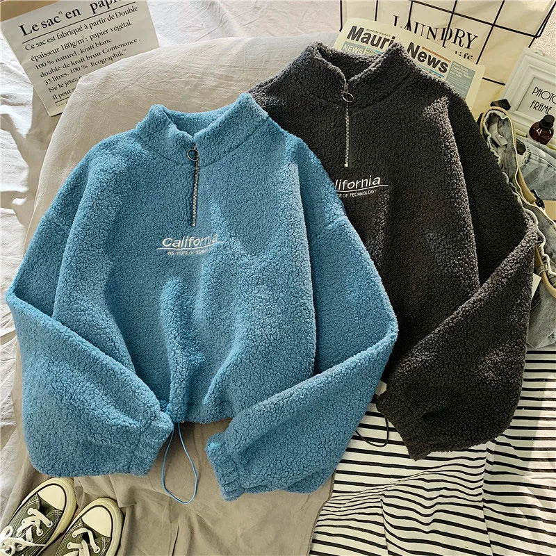 Women Stand Neck Fleece Cropped Hoodies Autumn Letter Embroidery Long Sleeve