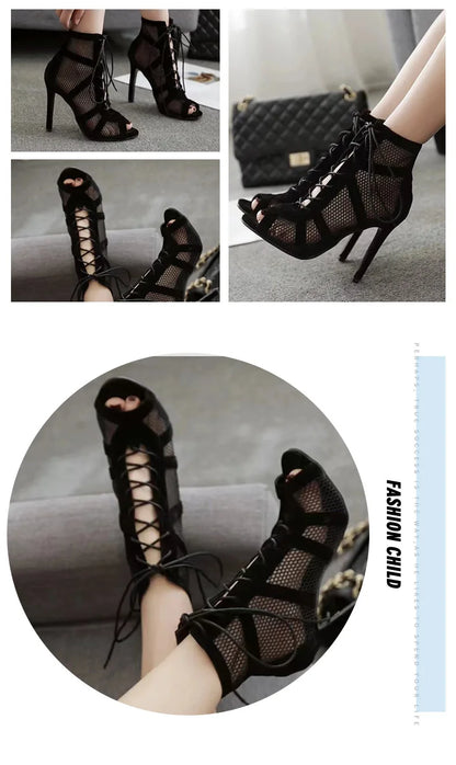 Sexy High Heels Hollow Mesh Sandals Women Summer Cross-tied Peep Toe Heeled